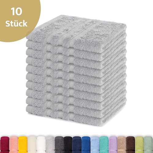 Lavea® 10er Seiftuch Set, 30 x 30 cm, 100% Baumwolle Frottier 500 g/m², Gästehandtücher und kleine Waschlappen, pflegeleicht 60 °C, Frottierserie Elena, ideal für Bad und Gäste WC, Silber