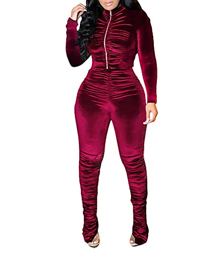 SEMATOMALA Women's Velour 2 Pieces Tracksuit Ruched Zip-Up Hoodies Jacket Stacked Skinny Pants Sexy Club Activewear Outfits