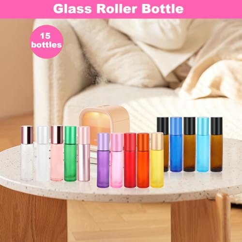 YARVPUV Ätherische Öle Roll On Flasche Leer 10ml, 15 Farben Roll on Glasflaschen für Ätherisches Öl,Nachfüllbar Rollon Flaschen für Öle,für Ätherische Öle, Parfüm,Kosmetika, Massage