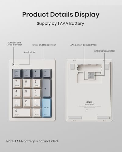 Kisnt Wireless Mechanical Number Pad, Bluetooth 5.0&2.4G Wireless Dual Mode Hot Swappable Numeric Keypad,17 Keys Gasket Numpad, Ten-Key with PBT Keycaps for Laptop/PC/TKL Keyboards(Linear Switch) - Thumbnail 4