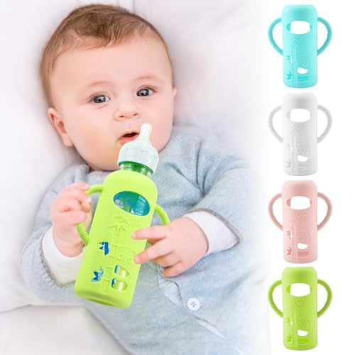 Image of 4 Pack Silicone Sleeves for Dr. Brown's Glass Baby Bottles, Anti Breakage Durable Baby Bottle Holder with Easy Grip Handles, Narrow Sleeve with a Cutout, Dishwasher/Freezer/Microwave Safe, 8 oz