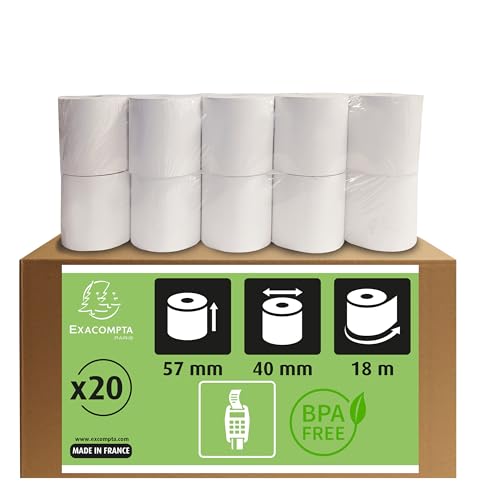 Exacompta - Réf. 40761E - Boîte de 20 bobines thermiques pour carte bancaire 57 x 40 mm, 1 pli thermique 55g/m² sans Phenol, sans mandrin en carton, zéro...