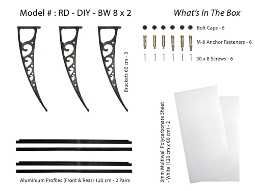 Image of CHENNAI Window Blinds and Shades DIY Polycarbonate Awning (Engineered Plastic Brackets) Window Sunshade Door Weather Shed Rain Canopy Awnings - 8'Widthx2'Depth (Black Brackets & White Sheets)