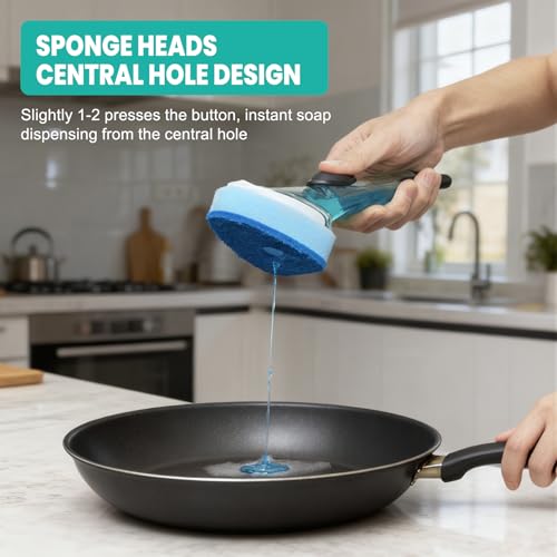 Image of Dish Wand with Handle,Non-Scratch Dishwand Refills Replacement Sponge Heads | Leak-Proof Soap Control Dispenser Scrub Sponges, Advanced Scrubber Brush Pads for Kitchen Cleaning Dishes Sink Washing Tool