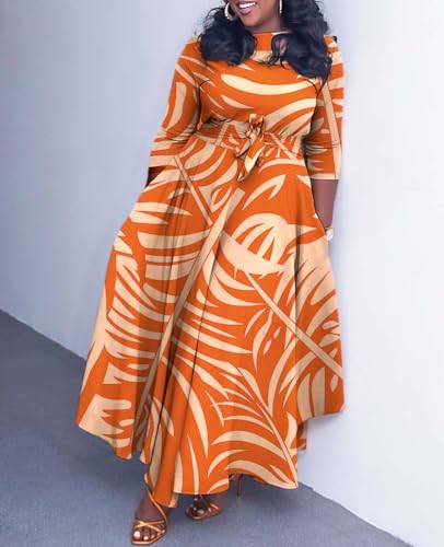Image of Hostoyo Women Plus Size Formal A Line Maxi Dress Self Tie Waist with Pockets Elegant Round Neck Swing Long Dresses