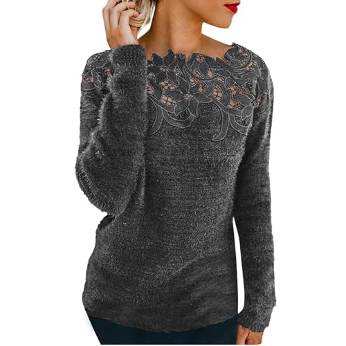 Image of HUIFUAO Lace Cashmere Jumpers Ladies Plus Size Velvet Sweaters for Women UK Long Sleeve Elegant Sexy Womens Sweatshirts and Pullover (Grey, L)