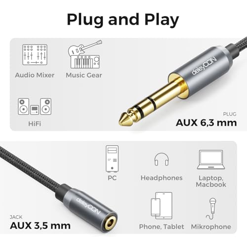 deleyCON 6,3mm na 3,5mm Klinke STEREO - AUX Kabel Adapter Audio TRS - Wtyk 6,3mm do Gniazda 3,5mm, 20cm - do Słuchawek, Głośników, Gitary, Wzmacniacza, HiFi, Miksera