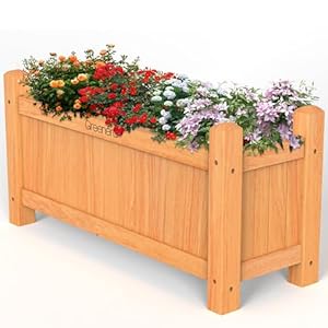 Vivo Technologies Set of 2 Large Wooden Garden Planter Outdoor Flowers Plant Pot Rectangular Garden Planters Planting Raise Bed Patio Decking, 60x20x34 cm, Natural