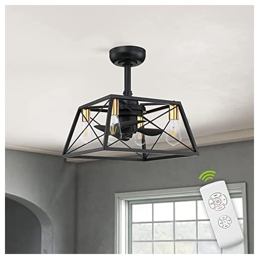BDL Enclosed Ceiling Fan Caged Square Adjustable Wind 3 Speeds Timing Remote Control Retro Industrial Metal Flush Replaceable Bulbs Low Profile Bedroom Living Room (Metal Black)