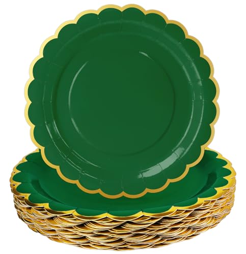 Image of HEIPINIUYE 50 Pieces Green Paper Plates with Gold Foil 7 Inch Disposable Green Scalloped Dinner Plates for Wedding Baby Shower Birthday Christmas Party Dessert Plate