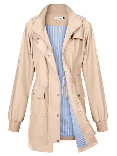 PITINAN Rain Jacket Womens Waterproof With Hood Lined Raincoats Lightweight Waterproof Rain Jackets For Women Fall Jacket Khaki L