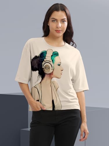 Image of HELLCAT Beige Printed Loose Fit Crew-Neck Crop T-Shirt for Women