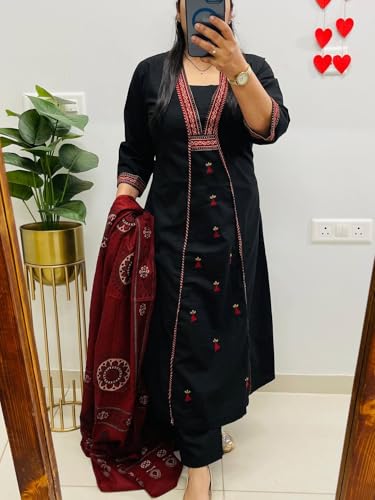 Image of ANNI Designer Navy Blue Pure Cotton A-Line Kurta Pant Dupatta Set for Women | Embroidery 3 Piece Suit with Straight Pants & Matching Dupatta | Festive Office Ethnic Wear