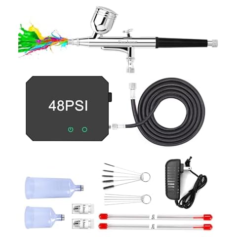 Gocheer Airbrush Kit with Air Compressor, 48 PSI High Pressure Air Brush Non-Clogging with 0.2/0.3/0.5mm Nozzle/Cleaning Sets, Ideal for Painting, Modeling, Cake Decor, Pastry, Makeup, Nail Art Black. Cover