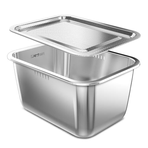 SIGNIM Stainless Steel washing up Bowl with perforated lid 10L, Large, Silver