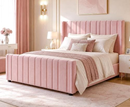 HOMBCK Queen Bed Frame with Velvet Headboard, Tufted Wingback, Pink