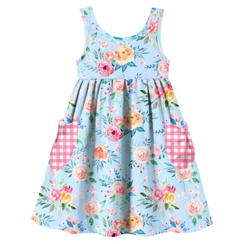 Vieille Kids Baby Girls Dress Blue Flower Summer Casual Dresses with Pocket Toddler Sleeveless Sundress Size 2-3t