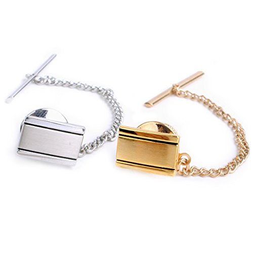 BG Classy Tie Tack Set - 2 Shiny Silver and Gold Rectangle Button Size 10mm Pieces with Chain for Men.