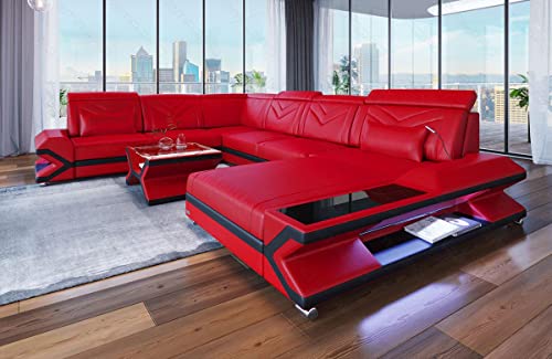XXL Sofa Wohnlandschaft Napoli als Ledersofa in U-Form Couch mit LED-Beleuchtung und Kopfstützen (Ottomane rechts, Rot-Schwarz)