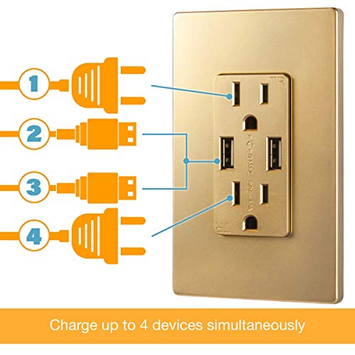 Topgreener High Speed Usb Wall Outlet, 15A Tamper-Resistant Receptacles/Dimmer Switch With Light Adjustment Slider, Single Pole Or 3 Way, 150W Led, 600W Incandescent/Halogen, 120V 60Hz, Gold #TOP5