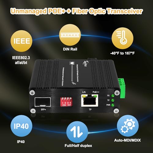 Image of Industrial 10G 90W PoE Fiber Optic SFP+ Media Converter, Unmanaged POE+ + Fiber Optic transceiver, IEEE802.3af /at /bt,DIN Rail, 48-57V DC, (-40F to 167F)
