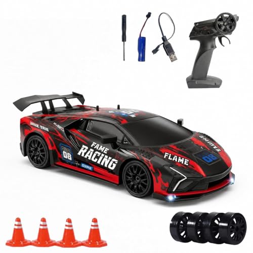 Image of Royal Cellar RC Drift Car 1:24 Scale 4WD | 20KM /H High-Speed Remote Control Car with LED Lights | 2.4GHz Rechargeable Drift Racing Car with Extra Tires & Cones | Gift Boys & Girls (Red Lambo)