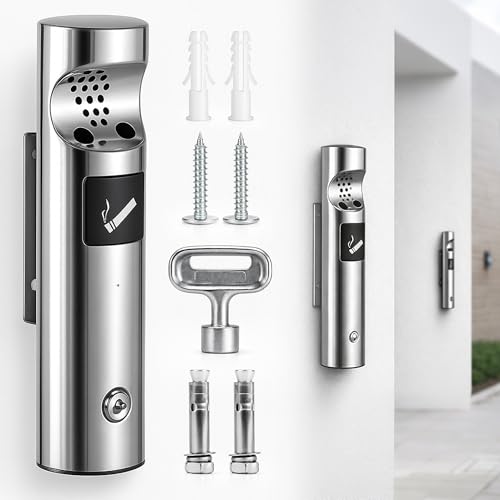 BOTEWO Posacenere da parete per esterni, set posacenere da parete, in acciaio inox, montaggio a parete con chiave, design robusto per esterni, terrazza, gastronomia, parete di casa