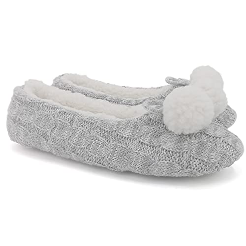 Ofoot Womens Indoor Warm Cable Knitted Pom Pom House Shoes,Ballerina Slipper Socks,Washable Ballet Style Flats,Soft Memory Foam Soled Non Slip Rubber Bottom(Grey,Us 5-6) #TOP10