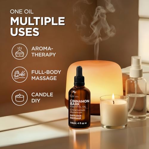 Image of 100% Pure Cinnamon Bark Essential Oil for Skin & Diffuser - 4 Fl Oz | Cinnamon Oil for Perfume & DIY, Warm Spicy Aroma for Cozy Homes, Aromatherapy Grade Oil - Gya Labs