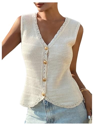 GORGLITTER Women's Sleeveless V Neck Sweater Vest Cropped Button Down Crochet Casual Knit Going Out Tops