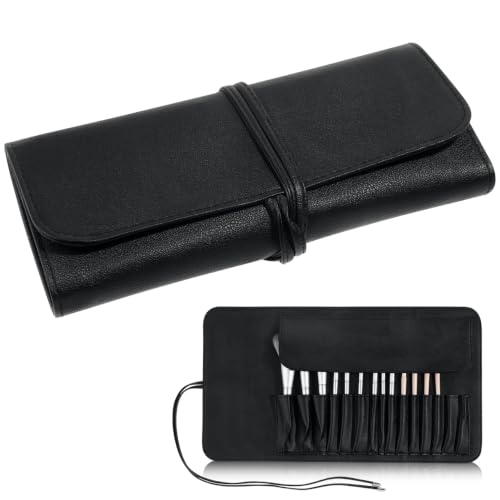 ULTECHNOVO Makeup Brush Case Travel, Makeup Brush Case Roll Up, Brush Holder Organizer Pouch Cosmetic Bag for Travel, Rolling Bag Storage Case PU Leather