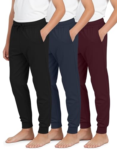 Real Essentials 3 Pack: Boys’ Ultra-Soft Jogger Pajama Pants - Kids Lounge Pjs Sleepwear- Set 4, L, 12-14