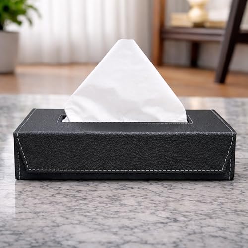 Image of LEEZEL| Tissue Box Holder with 100 Pulls Cotton Rags Tissue | Handcrafted Fine Leather - Like Finish | for Gifting, Office Desks, Cars & Home Decor | Durable & Water Resistant. (Dark Grey)