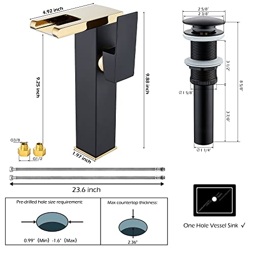 Vessel Sink Faucet Waterfall Gold Black Lavatory Single Hole with Pop Up Drain Without Overflow and Supply Lines Bathroom Faucets Bowl Sink One Handle Faucets Bath Tap Lead-Free by YCCUZA - Used condition - Image 2