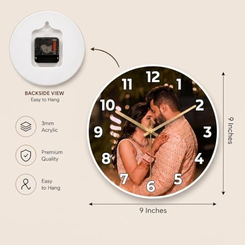 Image of SAVRI Personalized Acrylic Photo Printed Wall Clock - Customized Picture Clock for Couples, Birthday, Anniversary, Wedding & Special Occasions - 9x9 Inch Home Decor Gift