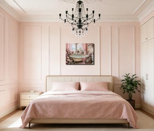 Image of Frimeeme Vintage Pink Bathroom Canvas Wall Art,12x16 Inches