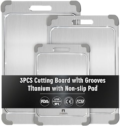 3Pcs 100% Pure Titanium Cutting Board with Grooves, Update Double...