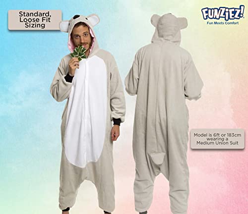 Funziez! Adult Onesie Halloween Costume - Animal Dinosaur Shark - Unisex Plush One Piece Cosplay Suit for Adults, Men and Women (X-Large, Koala)