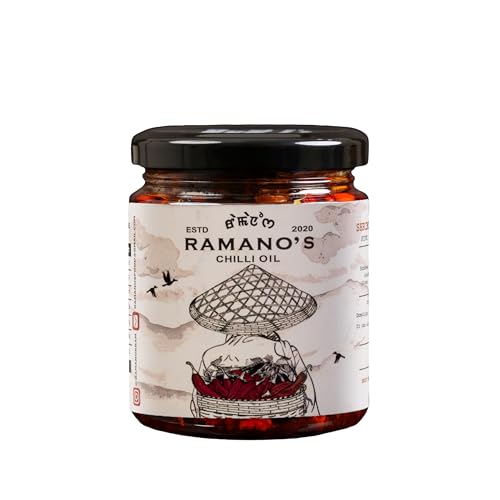 Image of RAMANO'S Garlic Chilli Crisp Oil 120 Gms, Infused with 5 Unique Chilly Blend, Made with Garlic & Sichuan Peppercorns, Glutan Free Garlic Chilli Dip for Pizza, Noodles, Ramen, Indian Curries & Dal