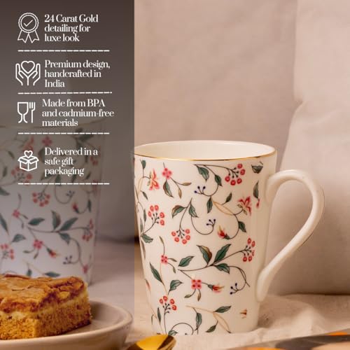 Image of GOLDEN QUEEN'S Mugs Set of 2 for Coffee, Tea, Milk - Ideal for Your Daily Beverage Ritual, Hosting & Casual Gatherings - Leafy Blush & Pink Charm (24K Gold on Rim)
