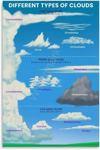 Homeschool Science Decor Types of Clouds Poster Educational Meteorology Wall Art Weather Chart for Classroom Study Room Home Dec