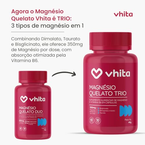 Magnésio Quelato Trio, Dimalato, Bisglicinato e Taurato com Vitamina B6 350mg Vhita 60 Cápsulas