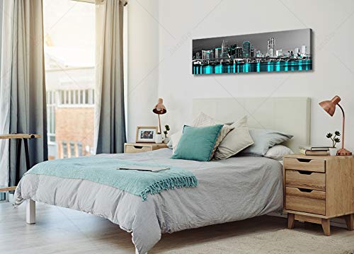 Miami Canvas Wall Art Black And White Florida Skyline Panoramic Wall Decor Teal Turquoise City Night Posters Cityscape And Bridge Paintings Modern Artwork Home Decorations Stretch Framed #TOP2