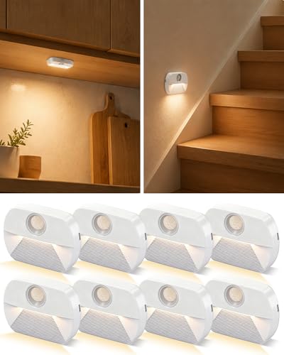 AdalyRoma Lot de 8 Veilleuse LED Pile,Interrupteur automatique,veilleuse detecteur de mouvement, Convient pour les escaliers, les couloirs, les chambres et les...