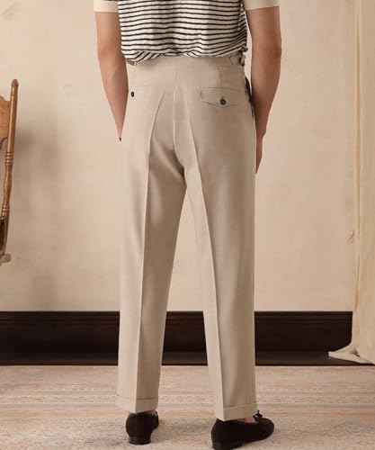 Vintage Men's High - Waisted Pleated Cotton Trousers with Buckle, Retro Fit for Daily3