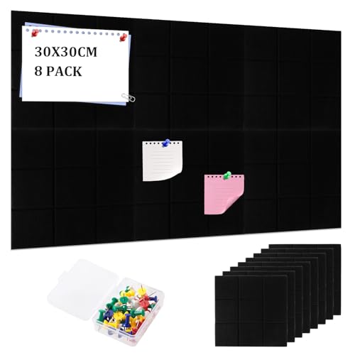 Pizarra de fieltro para notas de 30 x 30 cm, 8 unidades, grande, de fieltro, autoadhesiva, con agujas, para oficina, cocina, fotos, notas, color negro
