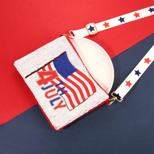 Image of 4th of July Purse for Women Sequin Beaded USA Star Purse American Flag Crossbody Shoulder Bag 4th of July Outfits