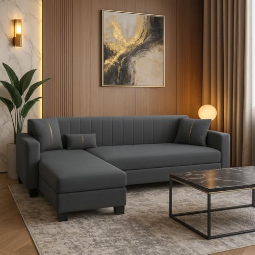 Image of SOCOZI Almeria 4 Seater LHS L Shape Sofa Set | Soft Velvet Suede Fabric | Modern Design | Plush Comfort Cushions for Living Room (Dark Grey)