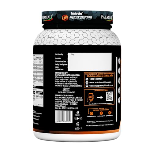 Image of NUTRELA Sports Patanjali Whey Protein 1kg with Shaker | Concentrate + Isolate | 24g Protein Per Scoop | 6.7g BCAA, 4.9g Glutamine with Digestive Enzymes for quick absorption & easy digestion | Muscle - Building & Recovery | 100% Vegetarian | French Vanilla