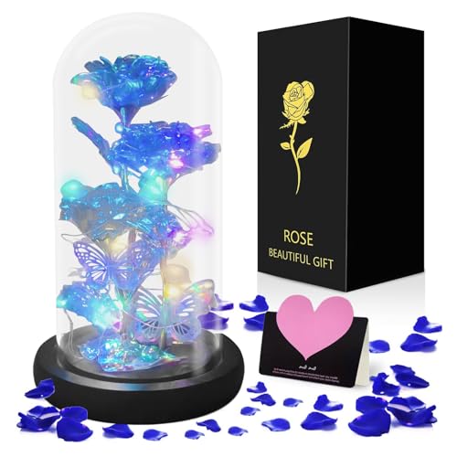 ZZOVIP Rosa Bella y Bestia, Rosa Eterna Azul con Base Pino Luces LED, Mariposa y 1 Tarjeta de Felicitación, Regalo para El Día de La Madre, San Valentín, Aniversario de Bodas (Luz Colorida)
